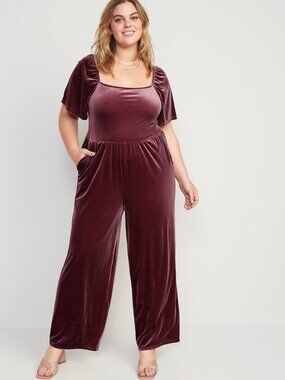 Old Navy NWT Velvet Flutter Sleeve Pink Jumpsuit Size XXL Wide Straight Leg